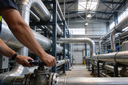 A person at work attire adjusts a valve on a large pipe, surrounded by an intricate network of...
