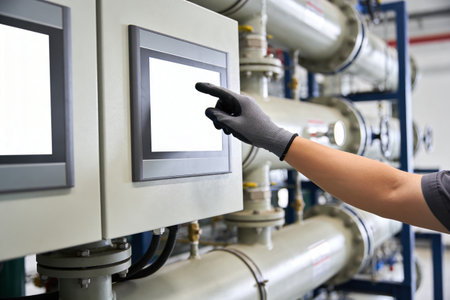 Close-up of a gloved hand interacting with a digital interface in a factory setting with complex...