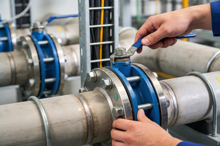 A person's hands are shown turning a valve on a large industrial pipeline system, indicating control...