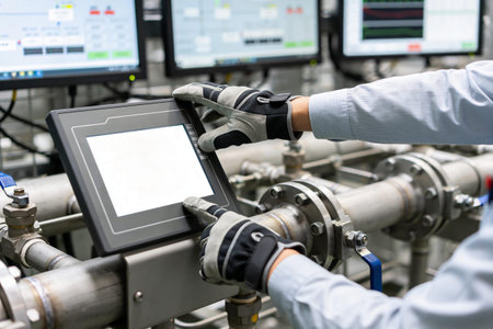 A person wearing work gloves interacts with a digital control panel in a factory setting with pipes...