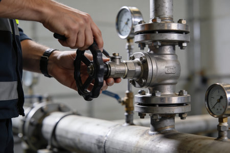 A close-up shot of a person's hands operating a valve on a complex industrial pipeline system with pressure gauges visibleの写真素材