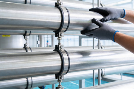 Close-up of a gloved hand touching a large diameter metal pipe, suggesting maintenance or quality...