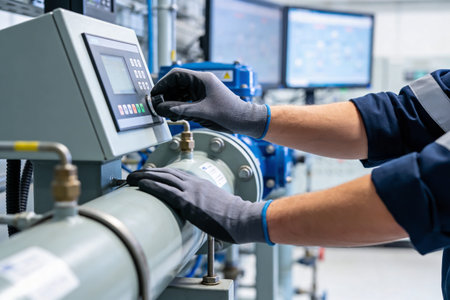 Close-up of a worker's gloved hands operating a control panel with digital display and buttons,...