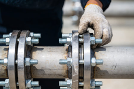A close-up shot of a worker's hands wearing protective gloves as they secure a flange joint on a large industrial pipe with nuts and boltsの写真素材