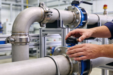 A worker's hands are shown operating a valve on a complex network of stainless steel pipes and...