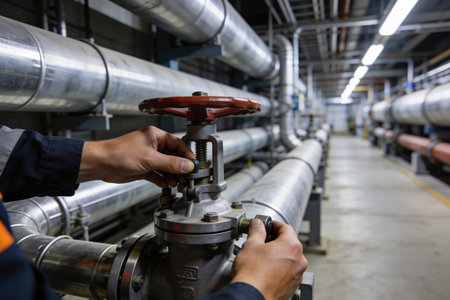 A close-up shot of a person in work clothes operating a valve amidst a complex network of industrial...