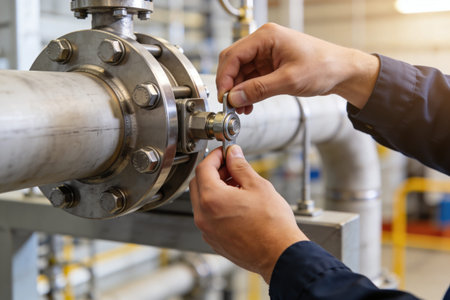 A worker in a dark blue uniform uses a wrench to turn a valve on a large metal pipe, indicating maintenance or operation in a manufacturing plantの写真素材