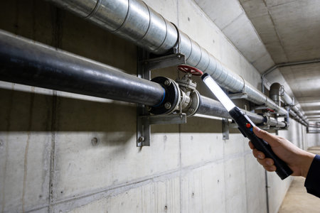 A person uses a portable LED inspection light to examine a large industrial pipe and valve system...
