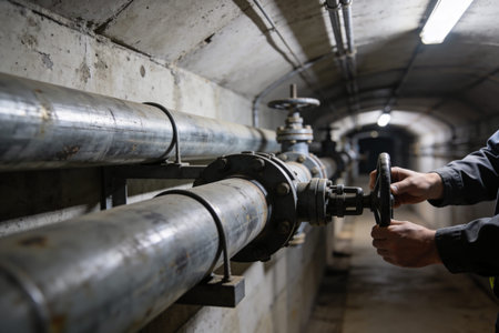 A person's hands operate a valve on a large metal pipe system within a dimly lit, industrial concrete tunnel with overhead lightingの写真素材