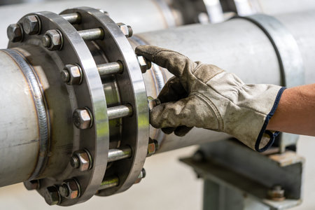 A worker in protective gloves meticulously tightens bolts on a sturdy metal pipe flange, ensuring a secure industrial connectionの写真素材