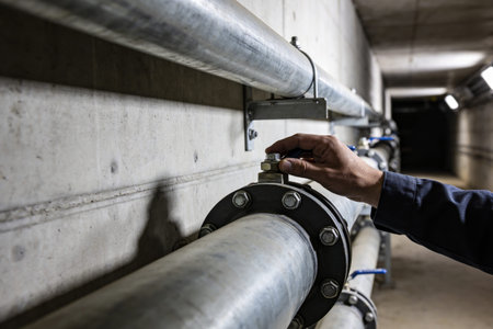 A person in work clothes operates a valve on a large diameter pipe, part of a complex industrial plumbing networkの写真素材