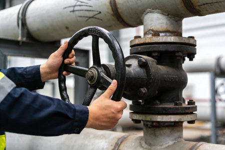 A person in work clothes operates a heavy-duty valve mechanism, controlling fluid flow within an industrial plant environmentの写真素材