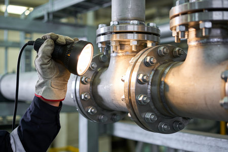 A gloved hand holds a bright flashlight to examine the flange and bolts on a large industrial...