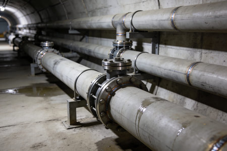 A network of large diameter pipes runs through a dark, industrial tunnel, featuring visible valves...
