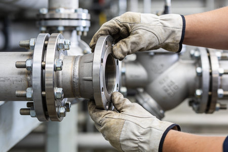 Close-up of a person wearing work gloves connecting two sections of industrial piping using a...