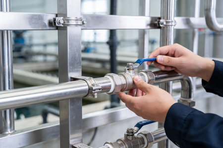 Hands-on maintenance on hygienic piping for dairy, brewery, or pharmaceutical lines highlighting...
