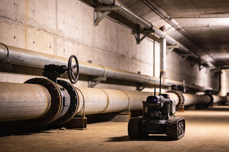 A small tracked robot with antennas and a camera is positioned in a dark, industrial tunnel next to large diameter pipes and valves, suggesting inspection or maintenance operationsの写真素材