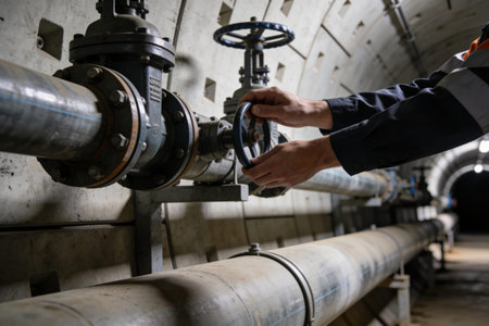 Close-up of a person in work clothes operating a valve on a large diameter pipe system within a...
