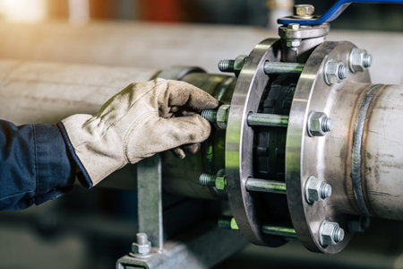 Close-up of a gloved hand using a wrench to secure a bolt on a large industrial pipe flange,...