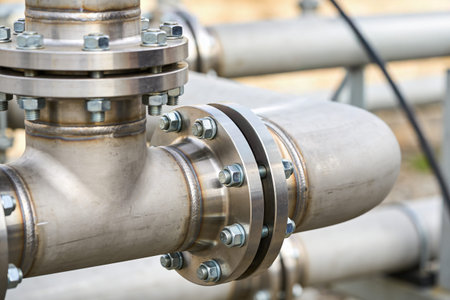 A worker in a protective glove tightens bolts on an industrial pipeline system with a wrench, signifying maintenance and constructionの写真素材