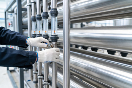 Close-up of a person's hands wearing white work gloves, operating a valve on a complex network of...
