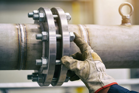 A worker wearing protective gloves tightens a bolt on a large diameter industrial pipe flange,...
