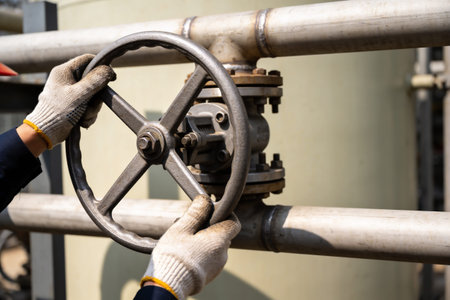 Close-up of a person wearing protective gloves operating a heavy-duty valve in an industrial setting, controlling fluid flow through pipelinesの写真素材