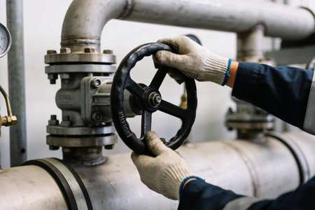 A person wearing protective gloves operates a manual valve on a complex network of metal pipes and...