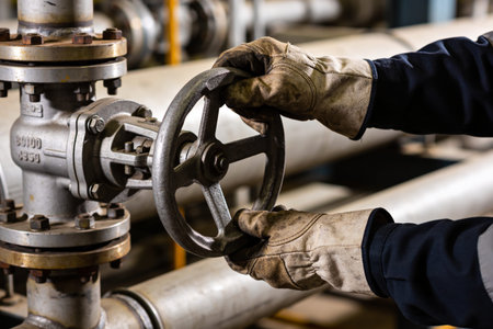 Close-up of a person in protective gloves operating a manual valve within a complex industrial...