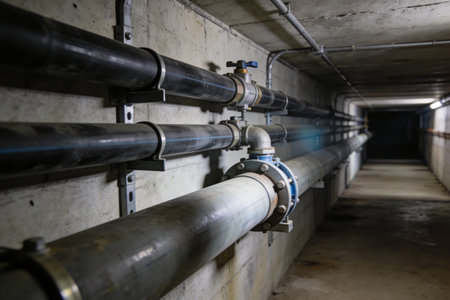 A person holding a bright LED flashlight illuminates a network of large pipes and valves within a...