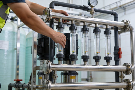 A person in a high-visibility vest adjusts a flow meter on a complex industrial water treatment...