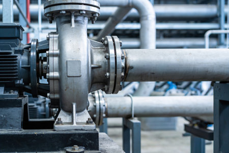 A person in protective gloves is performing maintenance on heavy machinery and piping in a factory...