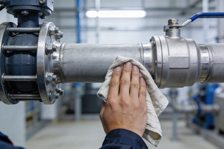 A close-up shot shows a gloved hand wiping down a metal pipe and valve assembly, highlighting...