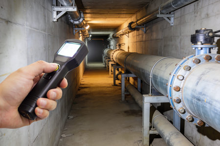A person uses a thermal camera to inspect a series of large industrial pipes running through a dimly...