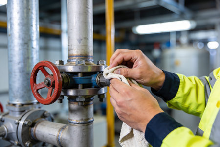 A person in a high-visibility jacket meticulously cleans a valve and pipe connection with a cloth,...