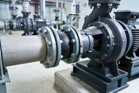 A person in protective gloves uses a wrench to secure a flange connection on heavy machinery within...