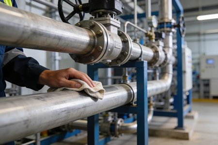 A close-up view of a person in workwear wiping down stainless steel pipes and valves, highlighting...