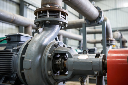 A gloved hand uses a wrench to tighten bolts on a heavy-duty industrial pump, highlighting...