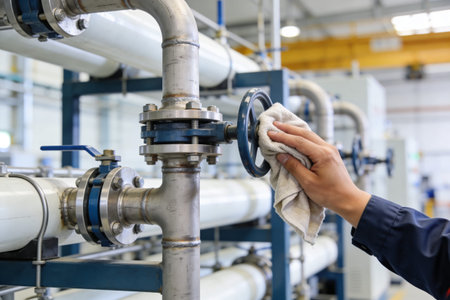 A close-up shot of a person's hand wiping down a large valve wheel on a network of industrial pipes,...
