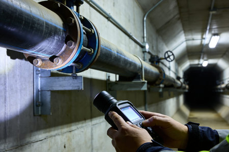 A person uses a digital tool to examine a large diameter pipe system within a concrete tunnel...