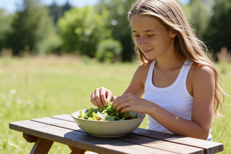 A teenage girl with long blonde hair smiles as she prepares a healthy salad with fresh greens at a wooden picnic table in a grassy fieldの写真素材