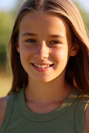 A cheerful preteen girl with bright eyes and a warm smile is captured in a close-up outdoor portrait...
