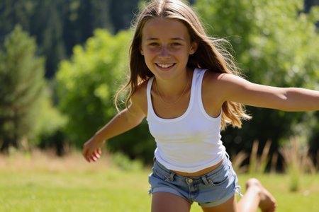 A happy preteen girl with blonde hair smiles while running barefoot in a grassy field on a bright summer dayの写真素材