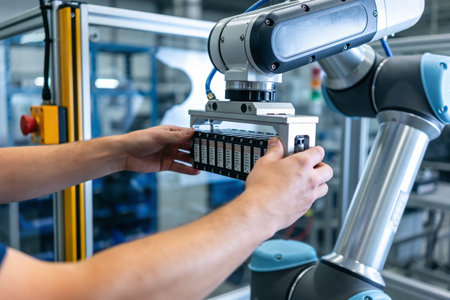 A human hand guides a rack of small electronic components into a robotic arm's gripper in a...