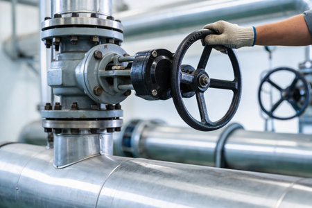 Close-up of a person's hands wearing protective gloves, operating a large industrial valve with a...