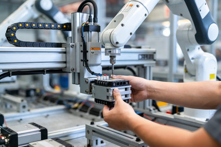A technician's hands carefully guide a component into place as a robotic arm performs intricate...
