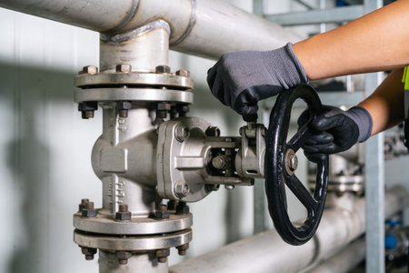 A gloved hand operates a large wheel valve, controlling flow within a network of industrial pipes and machineryの写真素材