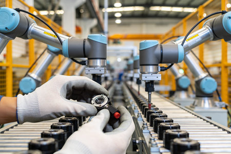 A human worker in protective gloves inspects a small component while robotic arms perform automated...