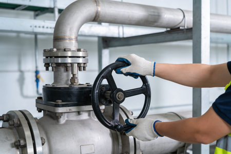 Close-up of a person's hands wearing protective gloves operating a large industrial valve,...
