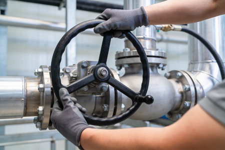 A worker in protective gloves turns a large wheel valve on a complex piping system within a manufacturing plantの写真素材